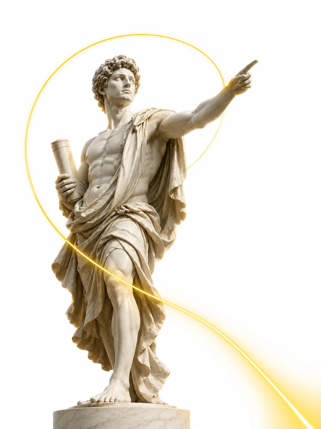 The Base statue, pointing forward inside a yellow orbit