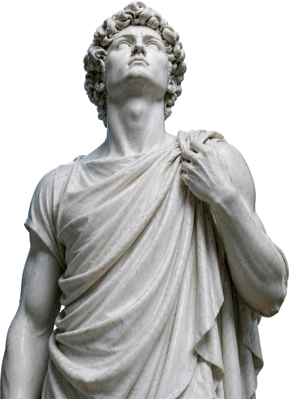 Marble statue looking upward, one hand drawing its mantle to the shoulder